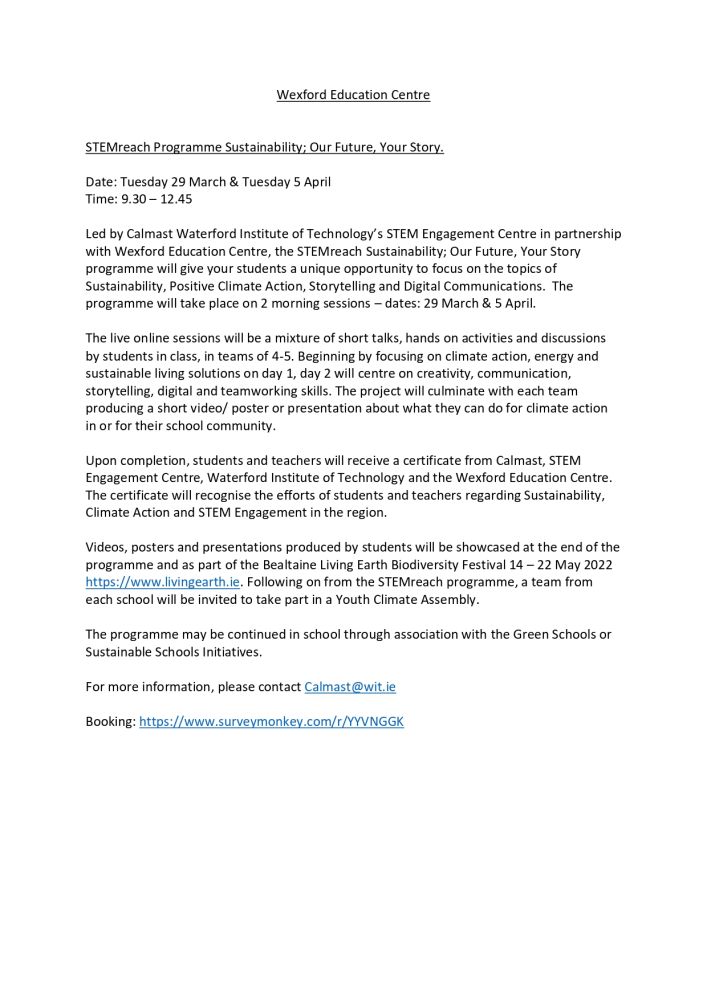 Wexford Ed centre STEM Sustainablity Blurb JPEG